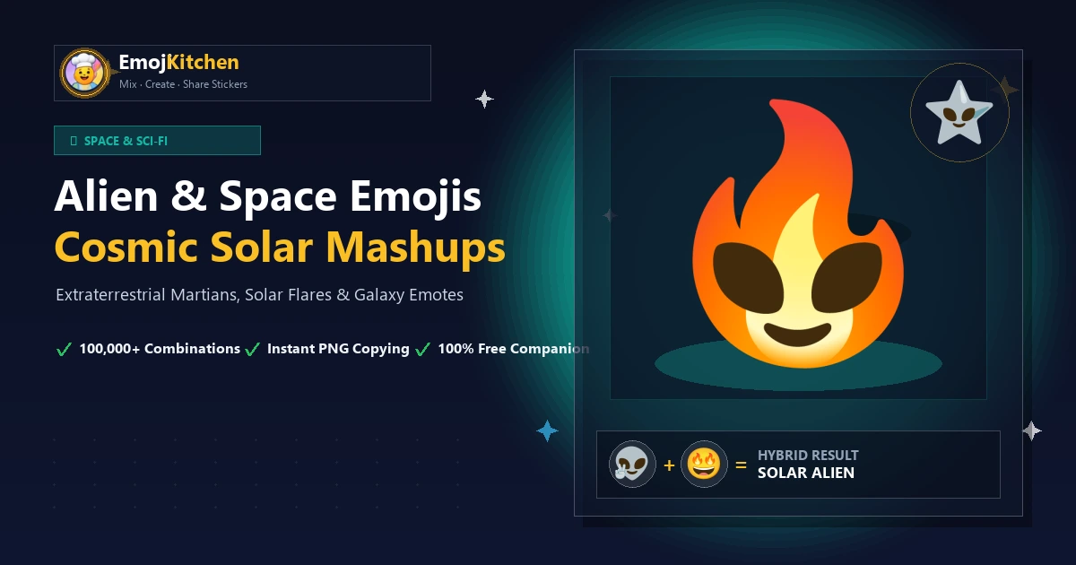 Emojis de alien y espacio mostrando llamarada solar extraterrestre, planetas y platillos voladores
