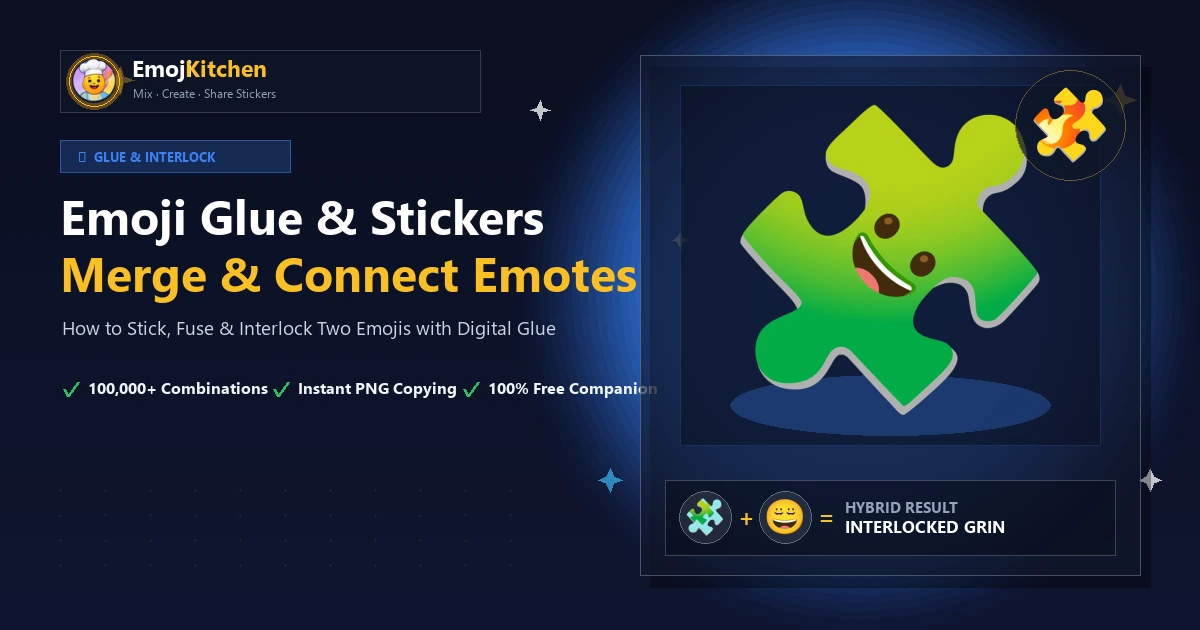 Emoji Glue and sticker maker guide showing interlocked jigsaw smile, digital adhesive, and fusion stickers