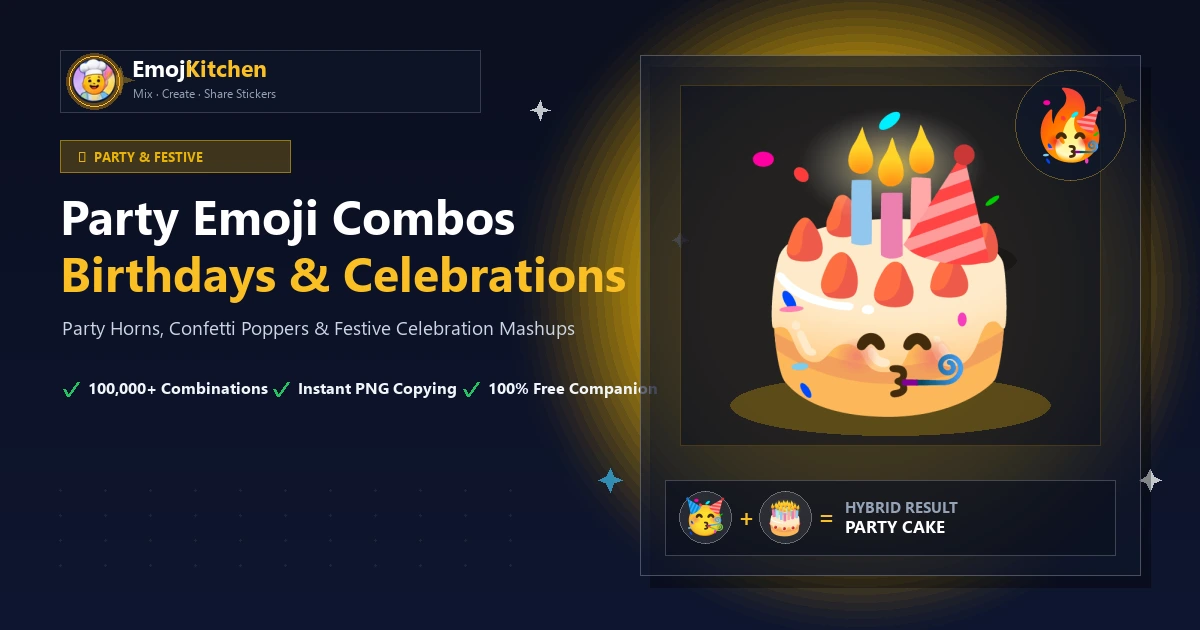 Kombinasi emoji pesta menampilkan wajah bertopi pesta dengan kue ulang tahun dan taburan confetti
